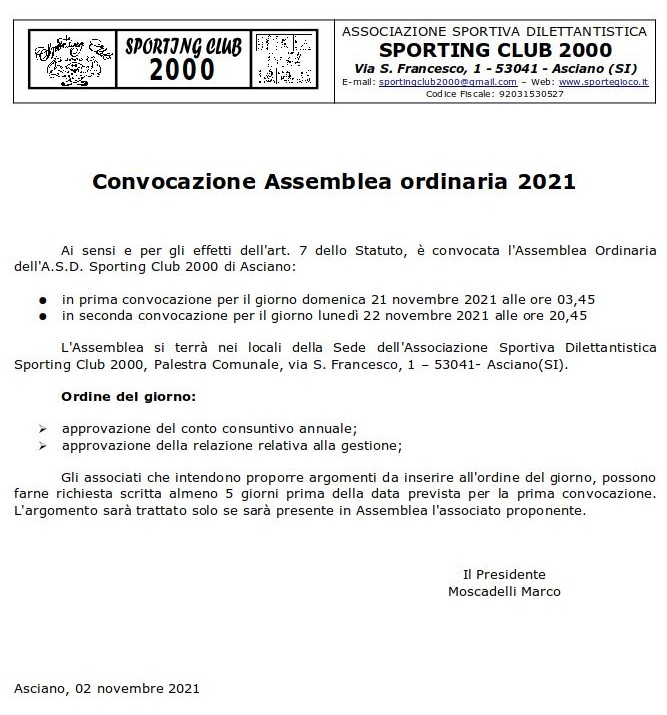 SportingClub2000 ConvocazioneAssembleaApprovazioneBilancio lun22nov2021